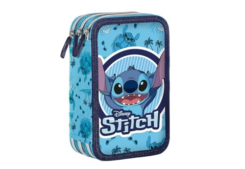 Mc Srl Lilo und Stitch - Federmäppchen mit 3 Reißverschlüssen für Schule von Stitch mit Schreibwaren GIOTTO, für Kinder, blau von Mc Srl