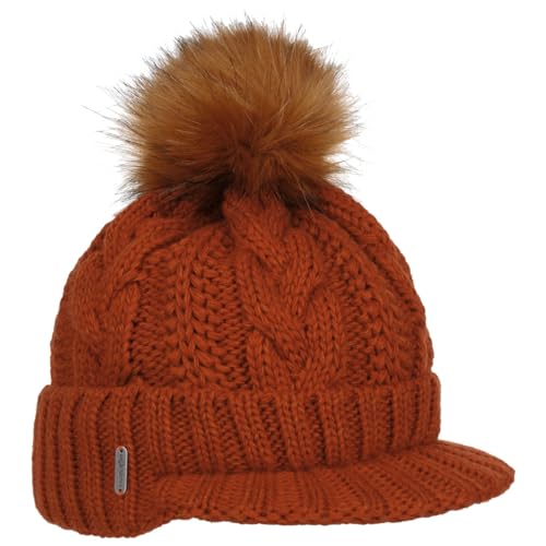 McBURN Britta Cable Knit Peak Pull On Mütze Bommelmütze Wintermütze Strickmütze Damen - Made in Italy mit Schirm, Futter, Futter Herbst-Winter - One Size rost von McBURN