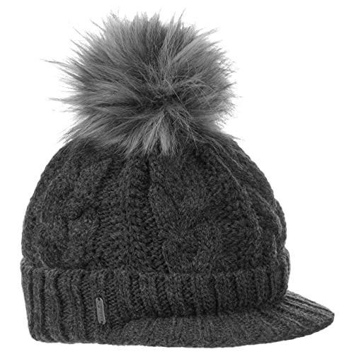 McBURN Britta Cable Knit Peak Pull On Mütze Bommelmütze Wintermütze Strickmütze Damen - Made in Italy mit Schirm, Futter, Futter Winter Herbst-Winter - One Size anthrazit von McBURN