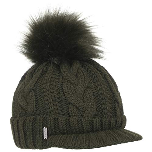 McBURN Britta Cable Knit Peak Pull On Mütze Bommelmütze Wintermütze Strickmütze Damen - Made in Italy mit Schirm, Futter, Futter Winter Herbst-Winter - One Size dunkelgrün von McBURN