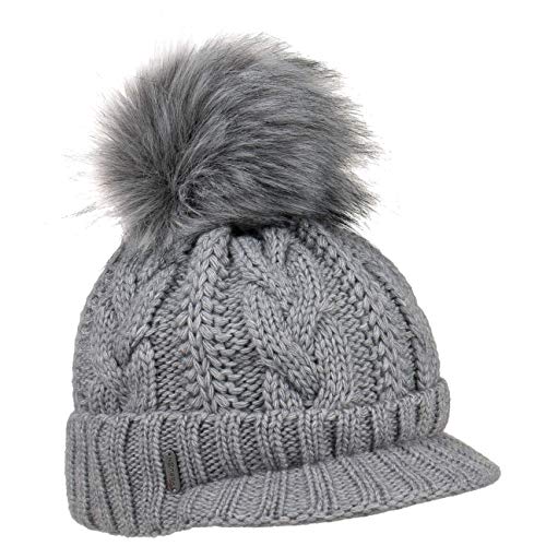 McBURN Britta Cable Knit Peak Pull On Mütze Bommelmütze Wintermütze Strickmütze Damen - Made in Italy mit Schirm, Futter, Futter Winter Herbst-Winter - One Size grau von McBURN