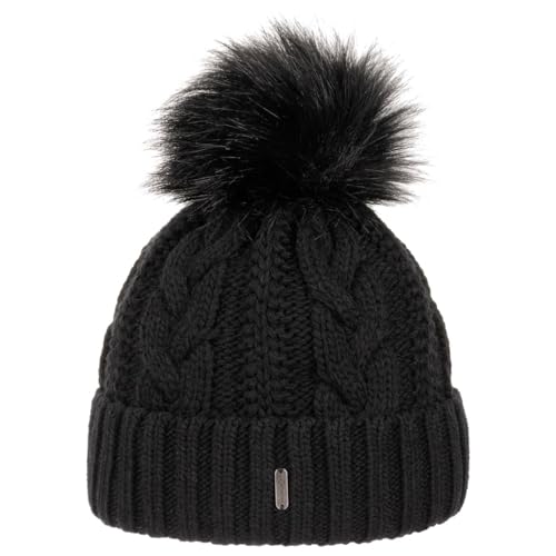 McBURN Cable Knit Umschlagmütze Bommelmütze Mütze Pudelmütze Strickmütze Damen - Made in Italy Wintermütze Wollmütze mit Umschlag, Futter, Futter Winter Herbst-Winter - One Size schwarz von McBURN