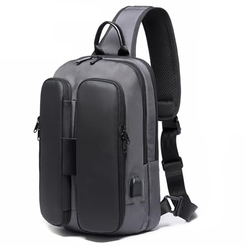 McBecdy Anti-Diebstahl Sling Bag Herren Brusttasche Umhängetaschen Crossbody-Rucksack Wasserdichte Schultertasche mit USB für Arbeit Reisen Wandern (Grau2) von OZUKO