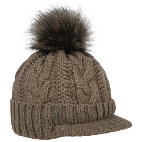 McBURN Britta Cable Knit Peak Pull On Mütze Bommelmütze Wintermütze Strickmütze Damen - Made in Italy mit Schirm, Futter, Futter Winter Herbst-Winter - One Size Camel von McBURN