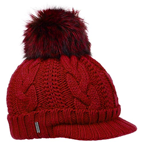 McBurn Britta Cable Knit Peak Pull on Mütze Bommelmütze Wintermütze Strickmütze für Damen Strickmütze Wintermütze mit Schirm, mit Futter, mit Schirm, mit Futter Herbst Winter (One Size - Rot) von McBURN