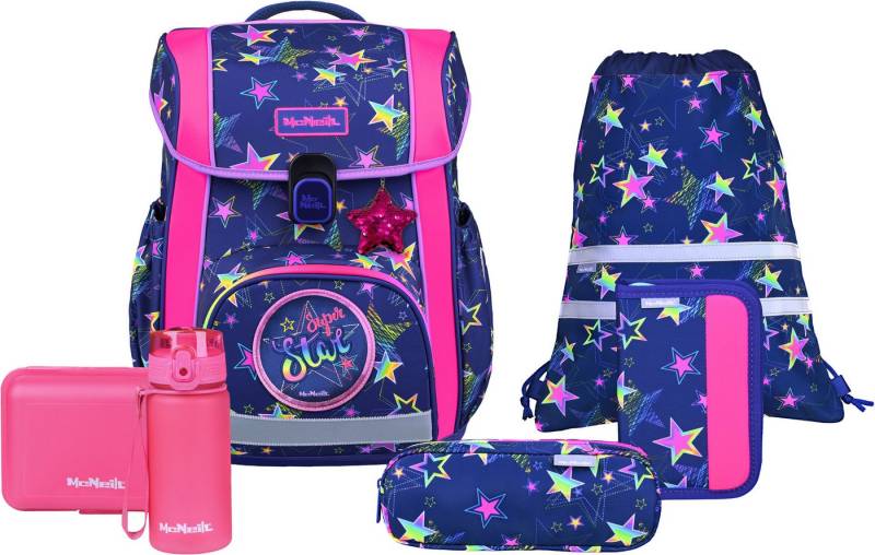 McNeill Schulranzen Bravo, inkl. Etui, Turnbeutel, (Set, 9-tlg., Schlamperrolle, Trinkflasche, Lunchbox, 2 Magnete & 1 Anhänger) von McNeill