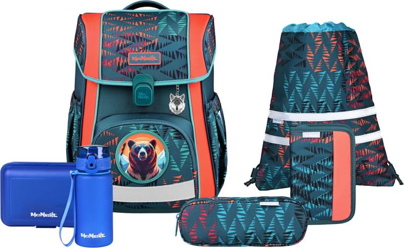 McNeill Schulranzen Bravo, inkl. Etui, Turnbeutel, (Set, 9-tlg., Schlamperrolle, Trinkflasche, Lunchbox, 2 Magnete & 1 Anhänger) von McNeill