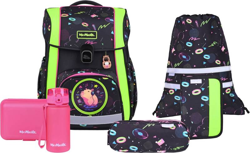 McNeill Schulranzen Bravo, inkl. Etui, Turnbeutel, (Set, 9-tlg., Schlamperrolle, Trinkflasche, Lunchbox, 2 Magnete & 1 Anhänger) von McNeill