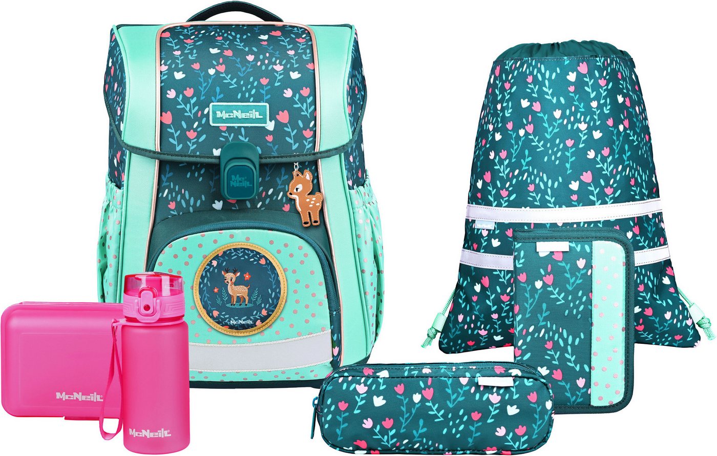 McNeill Schulranzen Bravo, inkl. Etui, Turnbeutel, (Set, 9-tlg., Schlamperrolle, Trinkflasche, Lunchbox, 2 Magnete & 1 Anhänger) von McNeill