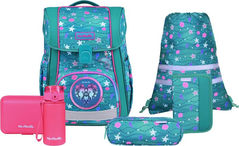 McNeill Schulranzen Bravo, inkl. Etui, Turnbeutel, (Set, 9-tlg., Schlamperrolle, Trinkflasche, Lunchbox, 2 Magnete & 1 Anhänger) von McNeill