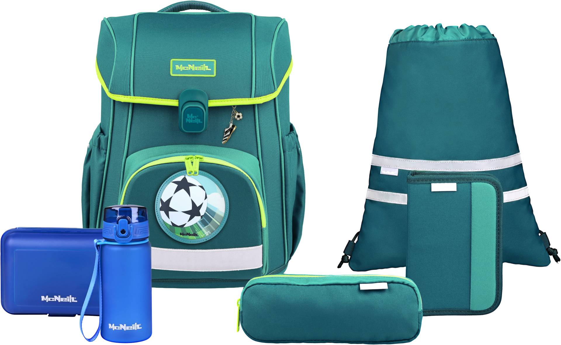 McNeill Schulranzen "Bravo, inkl. Etui, Turnbeutel," Reflektierende Streifen auf den Schultergurten;Retroreflektierende Flächen von McNeill