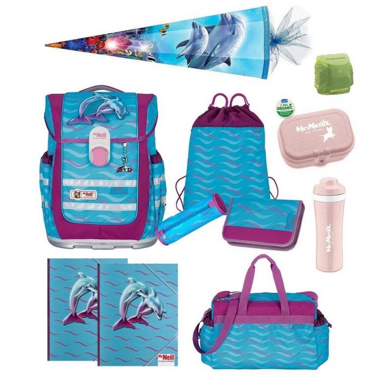 McNeill Schulranzen Ergo Complete "Finny" mit Motivmagnet Delfin (Set, 12-tlg., Komplett-Set mit Sporttasche und Schultüte), ergonomisch, 20L Volumen, wächst mit dem Kind mit von McNeill