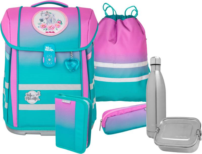 McNeill Schulranzen "Perfecto, Blueberry" reflektierende Streifen auf den Schultergurten;retroreflektierende Flächen inkl. Federmäppchen, Turnbeutel, Schlamperrolle & Motivmagnet von McNeill