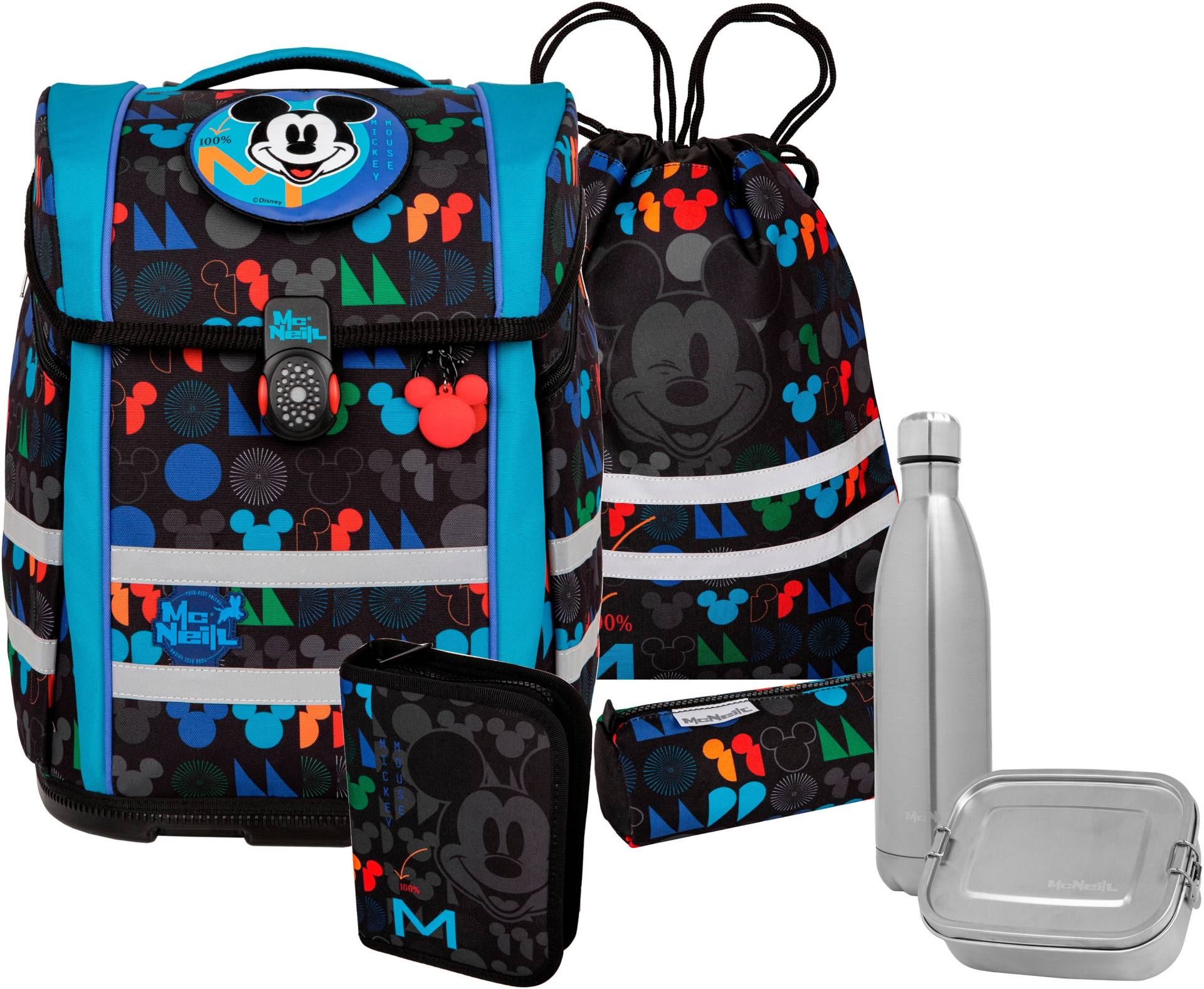 McNeill Schulranzen "Perfecto, Disney, Mickey Mouse" reflektierende Streifen auf den Schultergurten;retroreflektierende Flächen inkl. Federmäppchen, Turnbeutel, Schlamperrolle & Motivmagnet von McNeill