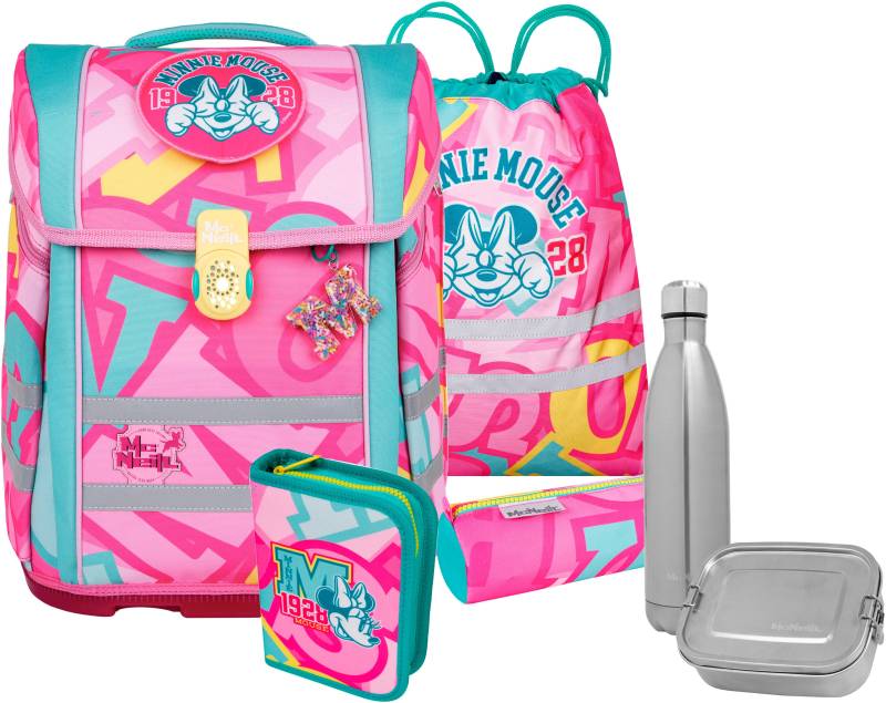 McNeill Schulranzen "Perfecto, Disney, Minnie Mouse" reflektierende Streifen auf den Schultergurten;retroreflektierende Flächen inkl. Federmäppchen, Turnbeutel, Schlamperrolle & Motivmagnet von McNeill