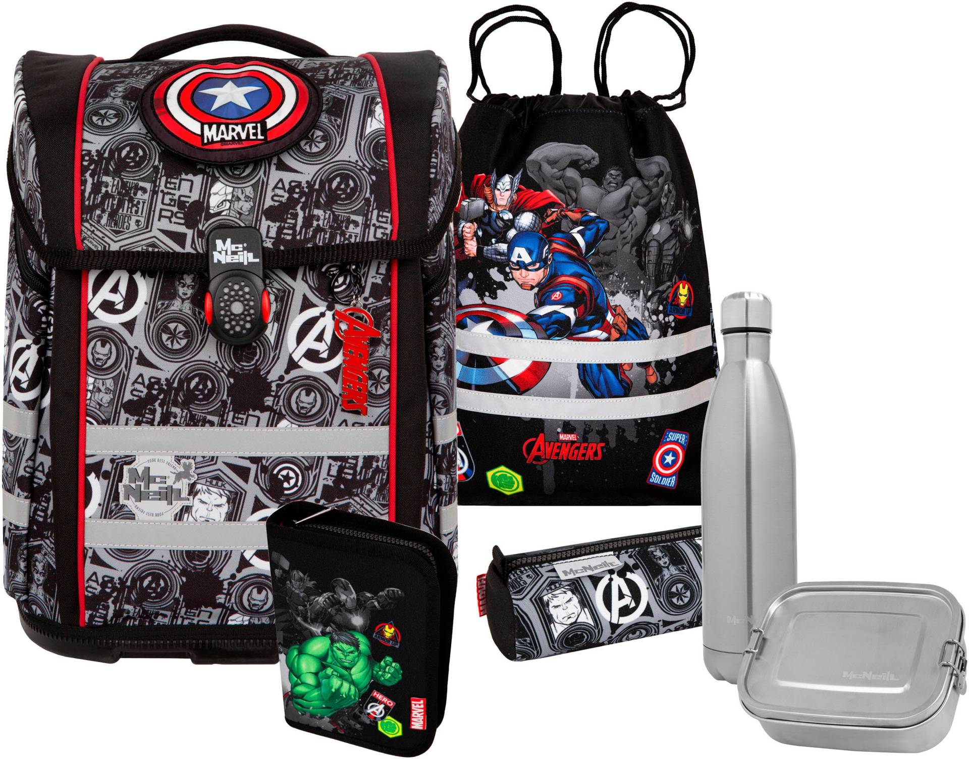 McNeill Schulranzen "Perfecto, Marvel, Avengers" reflektierende Streifen auf den Schultergurten;retroreflektierende Flächen inkl. Federmäppchen, Turnbeutel, Schlamperrolle & Motivmagnet von McNeill