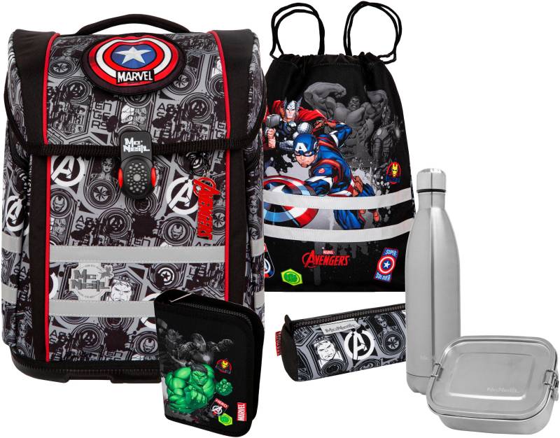 McNeill Schulranzen "Perfecto, Marvel, Avengers" reflektierende Streifen auf den Schultergurten;retroreflektierende Flächen inkl. Federmäppchen, Turnbeutel, Schlamperrolle & Motivmagnet von McNeill