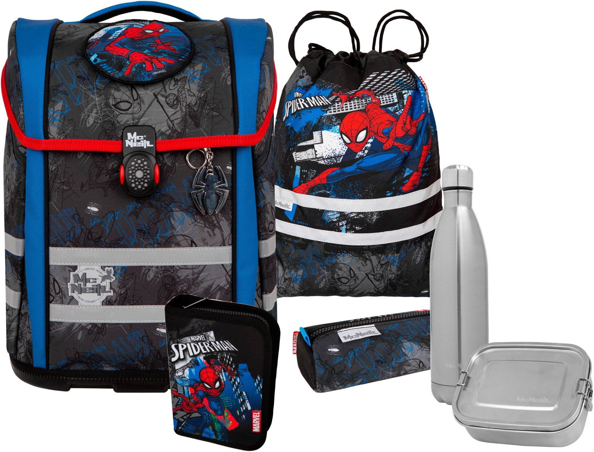 McNeill Schulranzen "Perfecto, Marvel, Spider Man" reflektierende Streifen auf den Schultergurten;retroreflektierende Flächen inkl. Federmäppchen, Turnbeutel, Schlamperrolle & Motivmagnet von McNeill