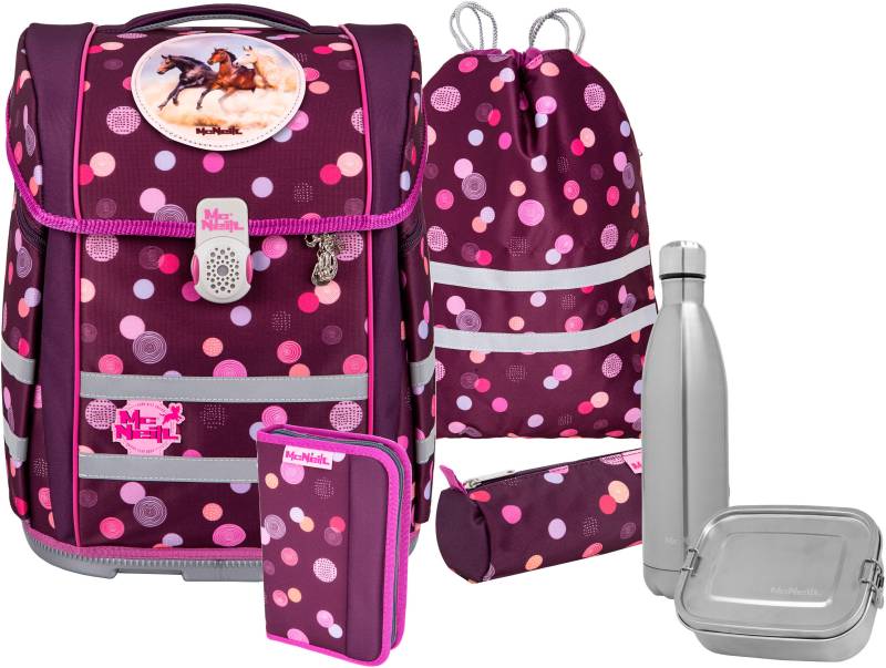 McNeill Schulranzen "Perfecto, Ruby" reflektierende Streifen auf den Schultergurten;retroreflektierende Flächen inkl. Federmäppchen, Turnbeutel, Schlamperrolle & Motivmagnet von McNeill