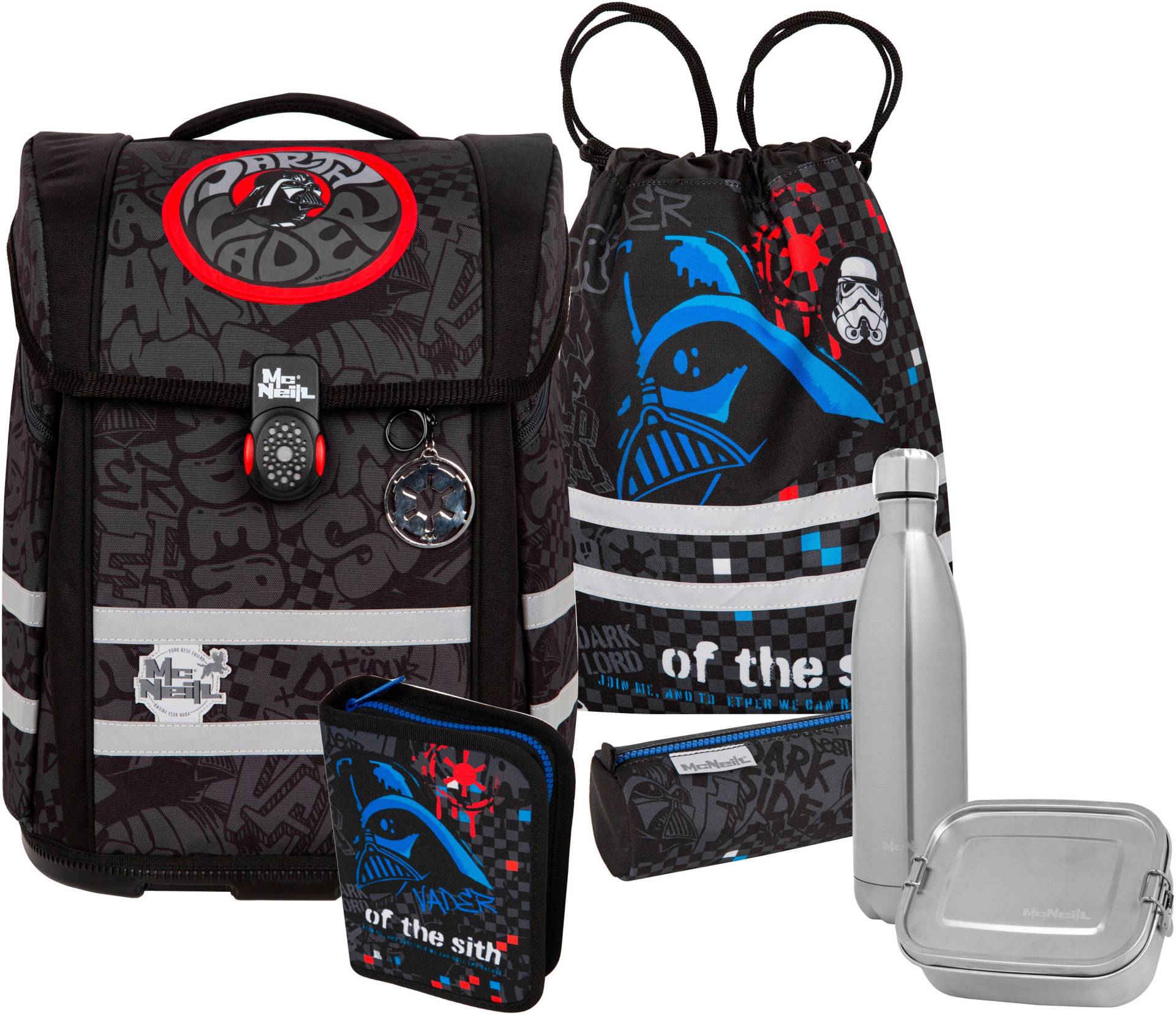 McNeill Schulranzen "Perfecto, Star Wars, Darth Vader" reflektierende Streifen auf den Schultergurten;retroreflektierende Flächen inkl. Federmäppchen, Turnbeutel, Schlamperrolle & Motivmagnet von McNeill