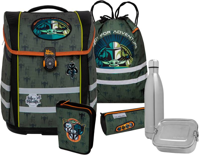 McNeill Schulranzen "Perfecto, Star Wars, Mandalorian" reflektierende Streifen auf den Schultergurten;retroreflektierende Flächen inkl. Federmäppchen, Turnbeutel, Schlamperrolle & Motivmagnet von McNeill
