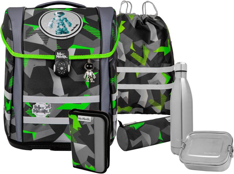 McNeill Schulranzen "Perfecto, Techno" reflektierende Streifen auf den Schultergurten;retroreflektierende Flächen inkl. Federmäppchen, Turnbeutel, Schlamperrolle & Motivmagnet von McNeill