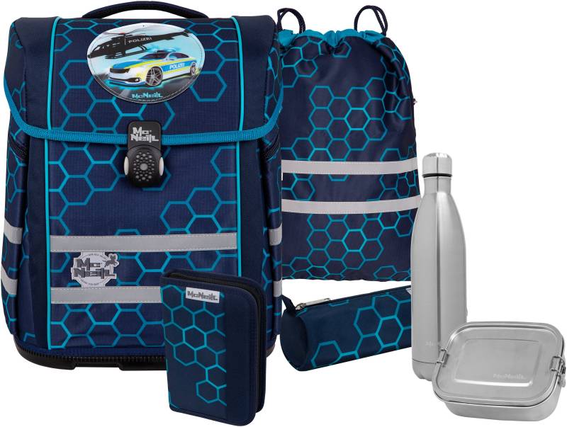 McNeill Schulranzen "Perfecto, Xagon" reflektierende Streifen auf den Schultergurten;retroreflektierende Flächen inkl. Federmäppchen, Turnbeutel, Schlamperrolle & Motivmagnet von McNeill