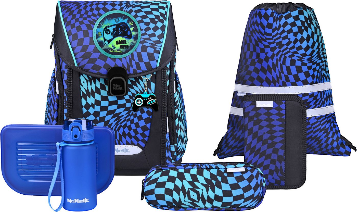 McNeill Schulranzen Primo, inkl. Etui, Turnbeutel, (Set, 9-tlg., Schlamperrolle, Trinkflasche, Lunchbox, 2 Magnete & 1 Anhänger) von McNeill
