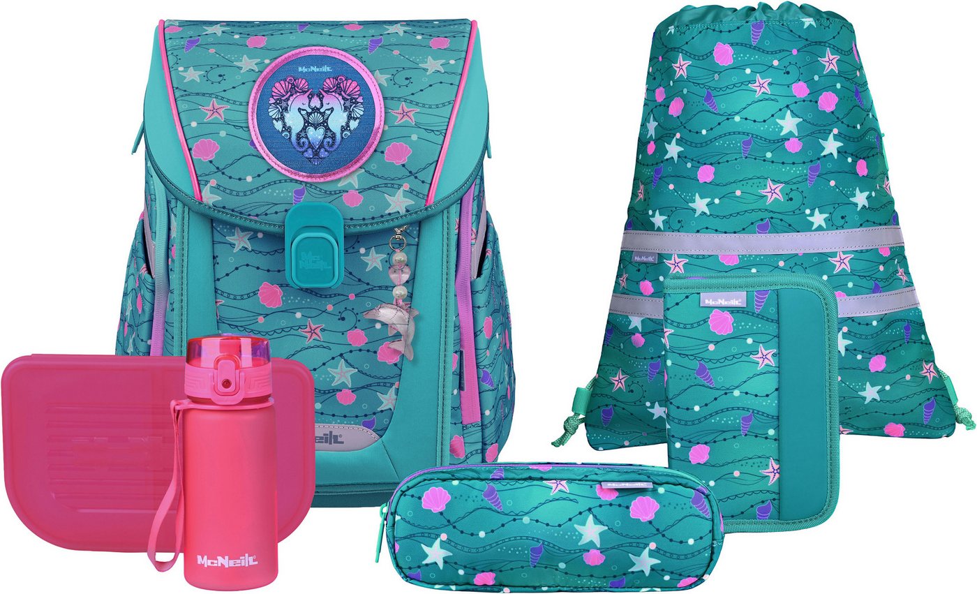 McNeill Schulranzen Primo, inkl. Etui, Turnbeutel, (Set, 9-tlg., Schlamperrolle, Trinkflasche, Lunchbox, 2 Magnete & 1 Anhänger) von McNeill