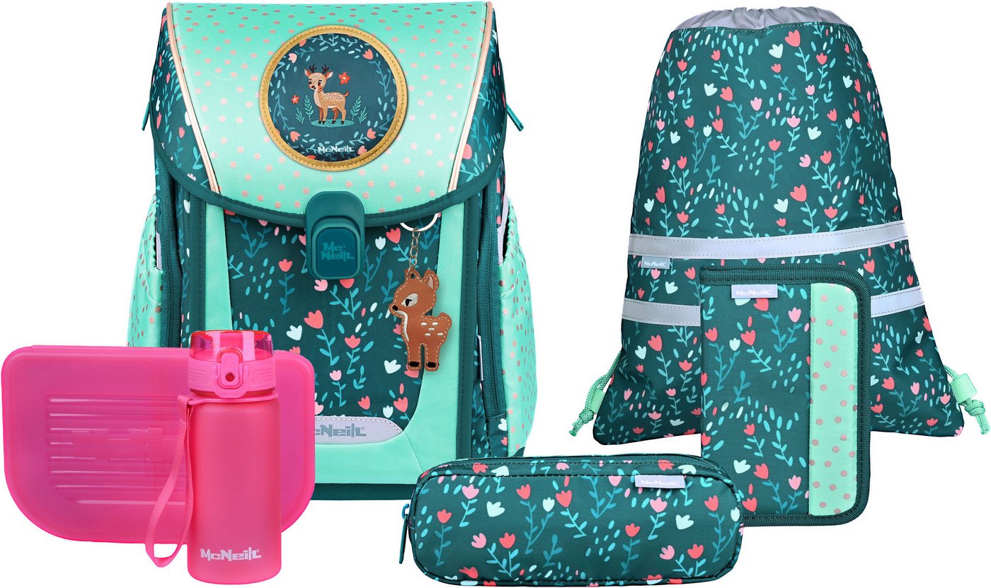 McNeill Schulranzen Primo, inkl. Etui, Turnbeutel, (Set, 9-tlg., Schlamperrolle, Trinkflasche, Lunchbox, 2 Magnete & 1 Anhänger) von McNeill