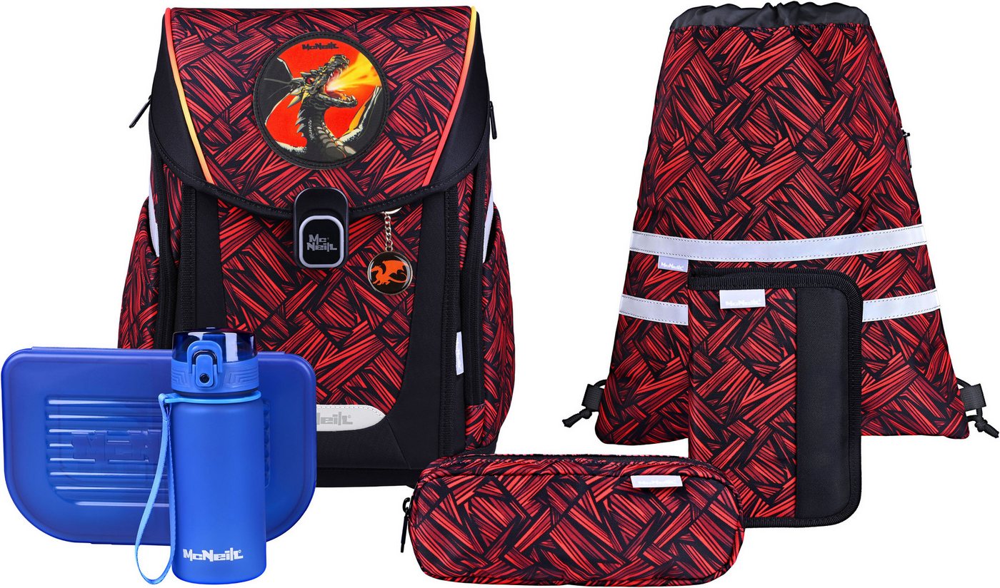McNeill Schulranzen Primo, inkl. Etui, Turnbeutel, (Set, 9-tlg., Schlamperrolle, Trinkflasche, Lunchbox, 2 Magnete & 1 Anhänger) von McNeill