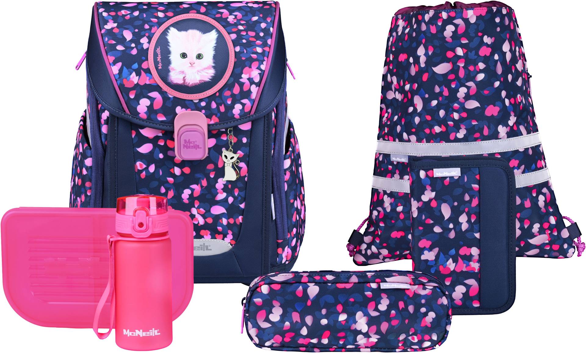 McNeill Schulranzen "Primo, inkl. Etui, Turnbeutel," Reflektierende Streifen auf den Schultergurten;Retroreflektierende Flächen von McNeill