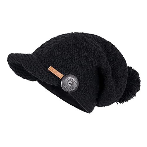 McRon Damen Gefütterte Beanie Wollmütze mit Bommel Mika Schwarz von McRon