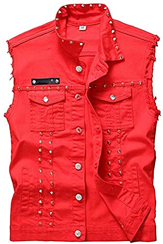 Mcdslrgo Herren Punk Denim Weste ärmellose Jeansjacken mit Nieten (L, Red) von Mcdslrgo