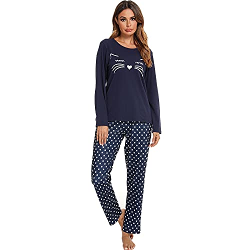 Mchodare Schlafanzug Damen Lang Pyjama Set,Zweiteilige Pyjama Damen Set, V-Ausschnitt &Katzen Design,Oberteile & Pyjamahosen von Mchodare