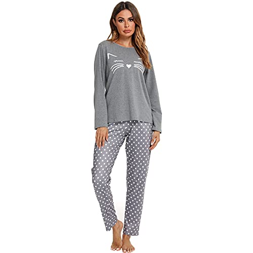 Mchodare Schlafanzug Damen Lang Pyjama Set,Zweiteilige Pyjama Damen Set, V-Ausschnitt &Katzen Design,Oberteile & Pyjamahosen von Mchodare