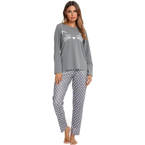 Mchodare Schlafanzug Damen Lang Pyjama Set,Zweiteilige Pyjama Damen Set, V-Ausschnitt &Katzen Design,Oberteile & Pyjamahosen von Mchodare