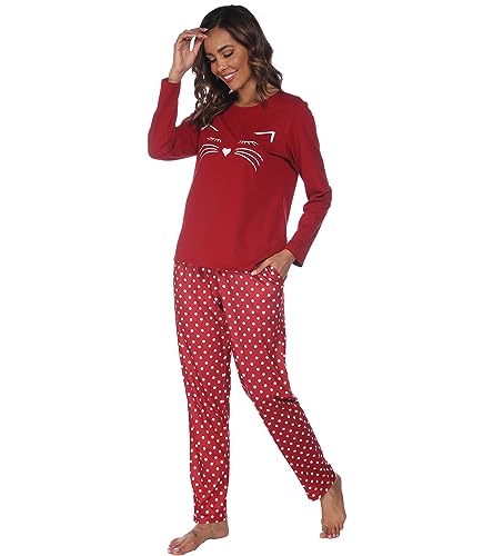 Mchodare Schlafanzug Damen Lang Pyjama Set,Zweiteilige Pyjama Damen Set, V-Ausschnitt &Katzen Design,Oberteile & Pyjamahosen von Mchodare