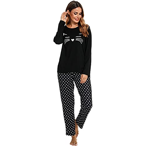 Mchodare Schlafanzug Damen Lang Pyjama Set,Zweiteilige Pyjama Damen Set, V-Ausschnitt &Katzen Design,Oberteile & Pyjamahosen von Mchodare