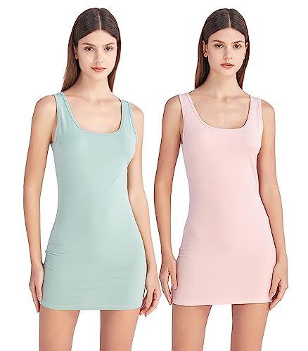 Mcilia Damen Elastische Mini-Gerippt Langem Trägershirt mit U-Ausschnitt 2-Pack Hellrosa/Hellgrün Größe S (EU 34 36 38) von Mcilia