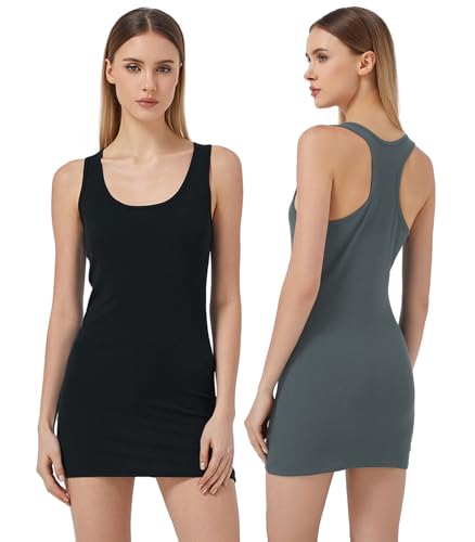 Mcilia Damen Elastische Mini-Gerippt Langem Trägershirt mit U-Ausschnitt 2-Pack Racerback Schwarz/Grau Grün Größe L (EU 42 44) von Mcilia