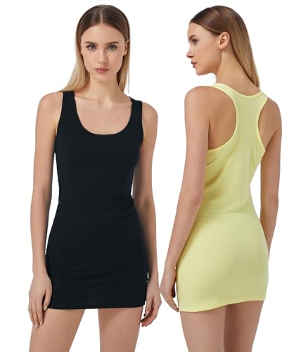 Mcilia Damen Elastische Mini-Gerippt Langem Trägershirt mit U-Ausschnitt 2-Pack Racerback Schwarz/Helles Gelb Größe L (EU 42 44) von Mcilia