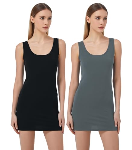 Mcilia Damen Elastische Mini-Gerippt Langem Trägershirt mit U-Ausschnitt 2-Pack Schwarz/Grau Grün Größe M (EU 38 40) von Mcilia