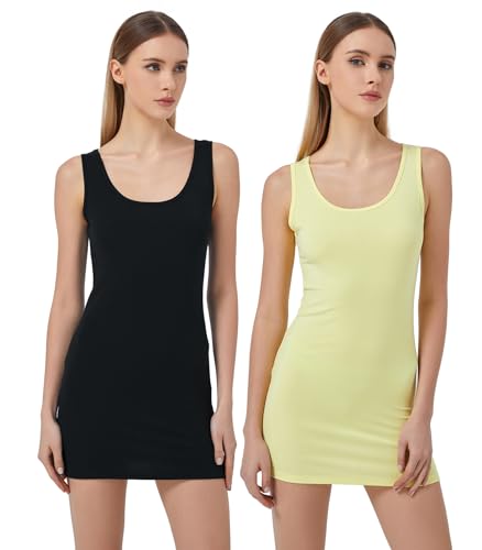 Mcilia Damen Elastische Mini-Gerippt Langem Trägershirt mit U-Ausschnitt 2-Pack Schwarz/Helles Gelb Größe M (EU 38 40) von Mcilia