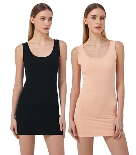 Mcilia Damen Elastische Mini-Gerippt Langem Trägershirt mit U-Ausschnitt 2-Pack Schwarz/Hellorange Größe L (EU 42 44) von Mcilia