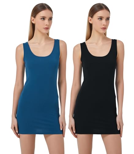Mcilia Damen Elastische Mini-Gerippt Langem Trägershirt mit U-Ausschnitt 2-Pack Schwarz/Pfauenblau Größe L (EU 42 44) von Mcilia