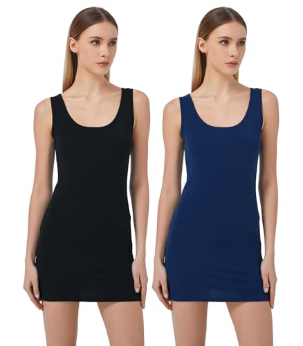 Mcilia Damen Elastische Mini-Gerippt Langem Trägershirt mit U-Ausschnitt 2-Pack Schwarz/Royal Blue Größe M (EU 38 40) von Mcilia