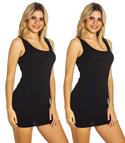 Mcilia Damen Elastische Mini-Gerippt Langem Trägershirt mit U-Ausschnitt 2-Pack Schwarz Größe L (EU 42 44) von Mcilia