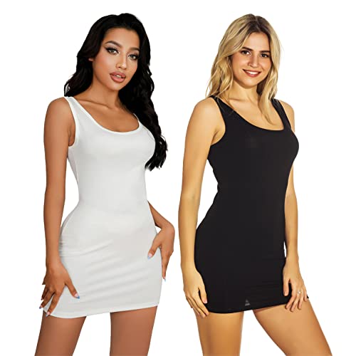 Mcilia Damen Elastische Mini-Gerippt Langem Trägershirt mit U-Ausschnitt 2-Pack Weiß/Schwarz Größe S (EU 34 36) von Mcilia