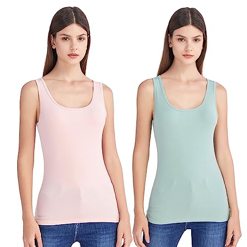 Mcilia Damen Mini-Gerippt Elastische Trägershirt mit U-Ausschnitt 2-Pack Hellrosa/Hellgrün Größe L (EU 42 44) von Mcilia